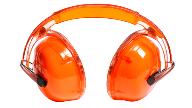 Close up of orange ear protection earmuffs safety equipment for industrial work on a black background