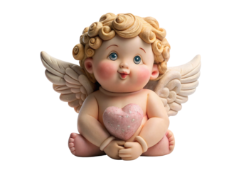 Adorable baby cherub angel holding pink sparkly heart decoration, isolated on a transparent background
