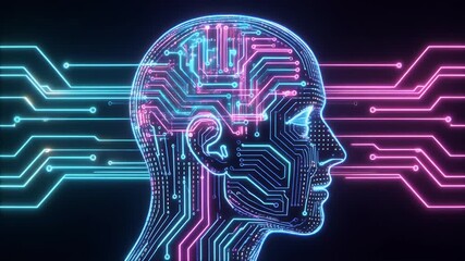 Holographic Circuit Head with Neon Data Streams - Powered by Adobe