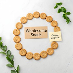 Vegan crackers in circular arrangement with wholesome snack label