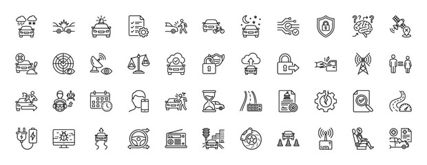 Smart car technology and safety line icon set. Vector pictograms of crash, autonomous driving, battery charge, and security, thin linear illustration.