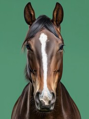 Fototapeta premium High-resolution close-up of a brown horse with a white stripe, facing forward against a plain green background. Ideal for New Year 2026 concepts and Year of the Horse visuals