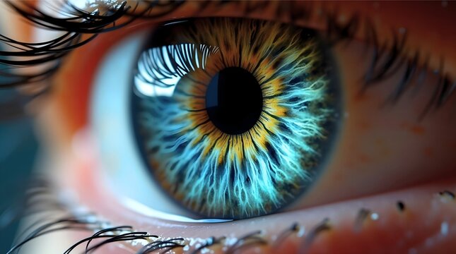 Close-up of human eye with vibrant iris patterns in blue, yellow, and orange tones