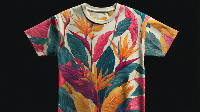 A tee shirt with a fun and vibrant tropical pattern (1)