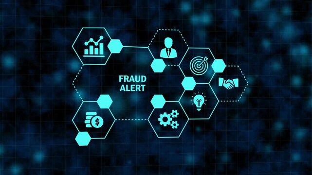 futuristic fraud alert interface with hexagonal business icons. digital cyber security warning concept on blue virtual screen. virtual business monitor focusing on security risk.