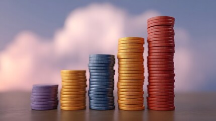 Stacks of colorful poker chips ascend like a graph against a soft blurred sky at dawn