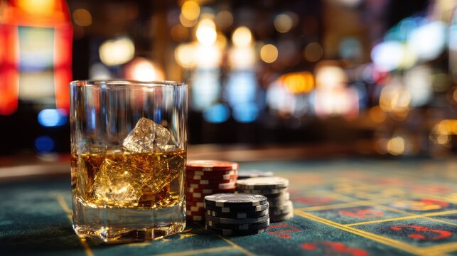 A glass of whiskey sits with ice next to stacks of poker chips on a green felt table in a busy casino. The background shows colorful lights from slot machines