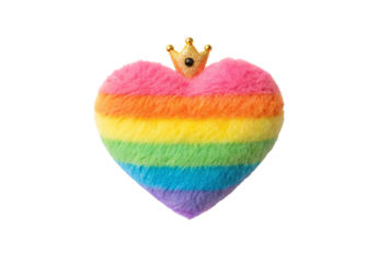 Vibrant rainbow gradient fuzzy heart cushion wearing decorative gold crown ornament, isolated on a transparent background
