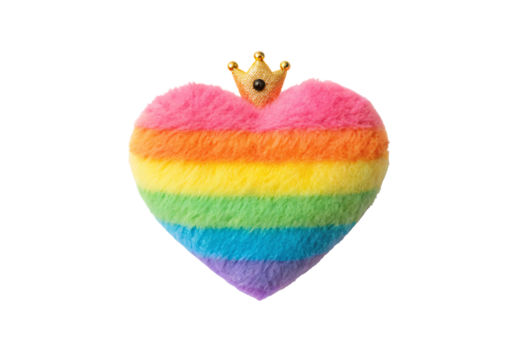 Vibrant rainbow gradient fuzzy heart cushion wearing decorative gold crown ornament, isolated on a transparent background - Powered by Adobe