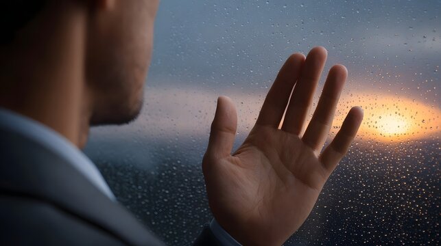 A man looks out a rain streaked window at a dusky sunset his hand resting on the glass
