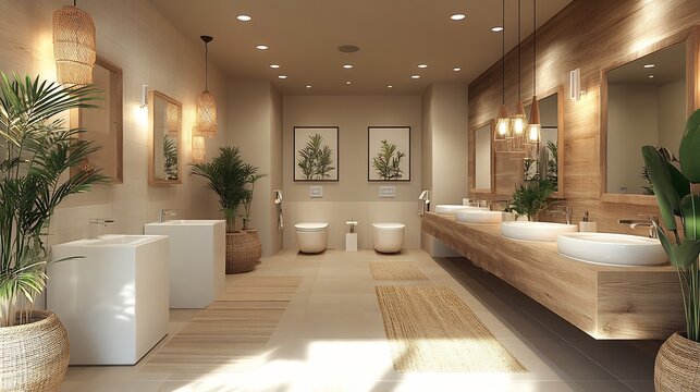 Professional washroom in a corporate setting with modern design elements neutral tones efficient layout and thoughtful amenities creating a welcoming atmosphere