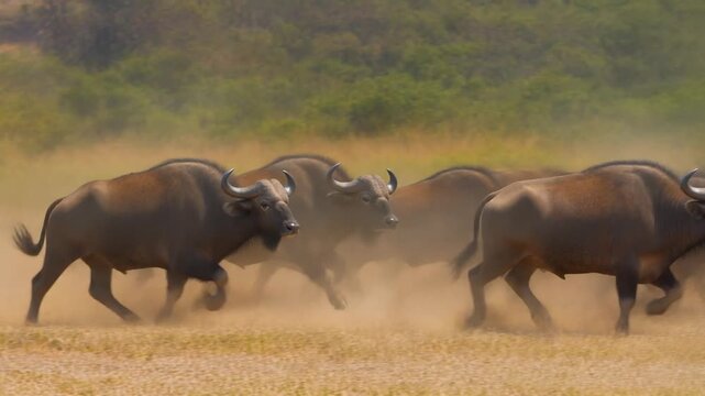 Brown buffalo herd running in savannah landscape