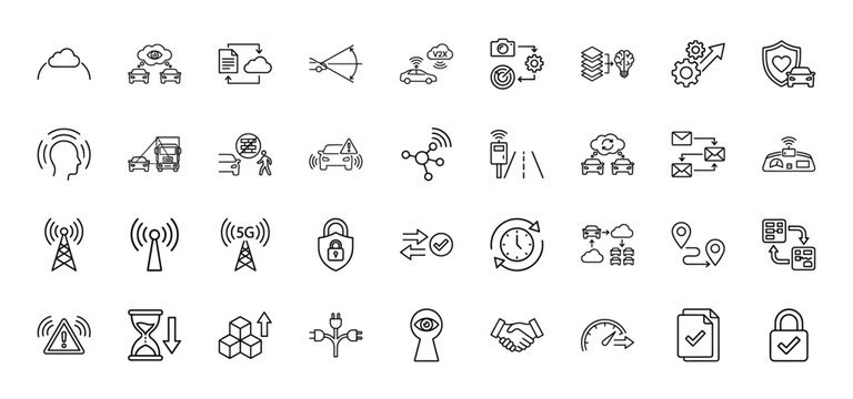 Smart connected vehicle and future mobility line icon set. Vector pictograms of v2x, cloud data, sensors, and security, thin linear illustration.