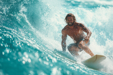 Handsome long haired surfer in action 