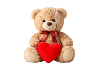 Brown teddy bear with red heart plush, isolated on a transparent background