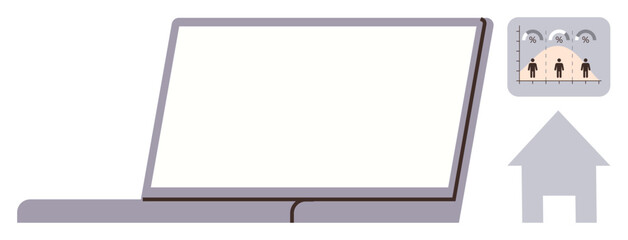 Laptop with data chart showcasing team performance, next to a house icon. Ideal for remote work, productivity, analytics, collaboration, flexibility, planning, and business a simple flat metaphor