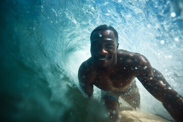 African American surfer in the water 