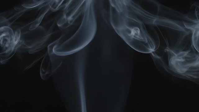 Extremely slow motion of ghostly translucent smoke plumes rising and dissipating softly in a deep black void creating delicate atmospheric patterns ghostly, background element, subtlety