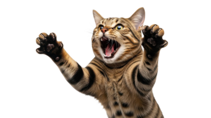 Aggressive tabby cat with paws outstretched