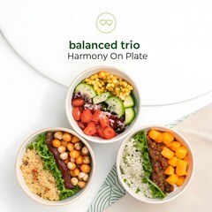 Overhead shot of three vegan food bowls in a triangle pattern