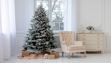 An elegant Scandinavian living room is beautifully decorated for Christmas, featuring a frosted tree with golden ornaments and presents, creating a serene holiday mood.
