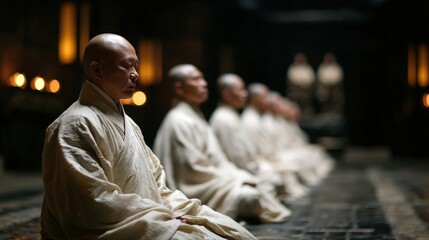 This serene image portrays a group of meditative monks in a contemplative setting, showcasing their devotion, tranquility, and the peaceful ambiance of their surroundings during meditation.