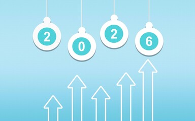 Illustration of year two thousand twenty six with upward pointing arrows on blue background