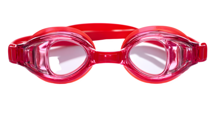 A close up shot of bright red swimming goggles with clear lenses on a black background studio shot