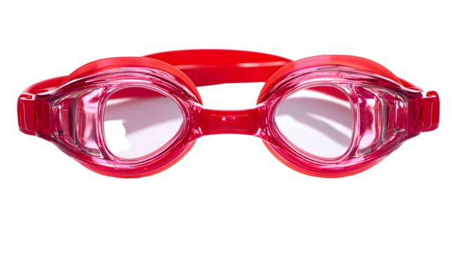 A close up shot of bright red swimming goggles with clear lenses on a black background studio shot