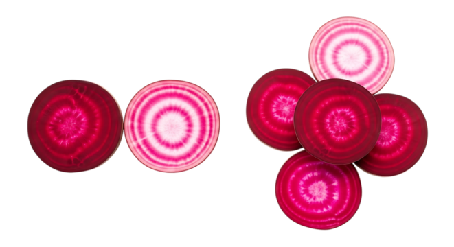 Sliced chioggia beets with concentric rings isolated on transparent background