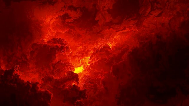 Intense glowing red storm clouds swirling with fiery light bursts and dramatic dark shadows creating a powerful atmospheric sky full of energy and motion