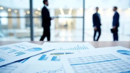 Close up of business report with charts and graphs on a desk with a hand holding a pen and blurred executive meeting in background - Powered by Adobe