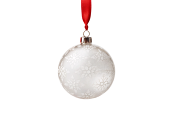 White frosted Christmas ornament with snowflake pattern, isolated on a transparent background