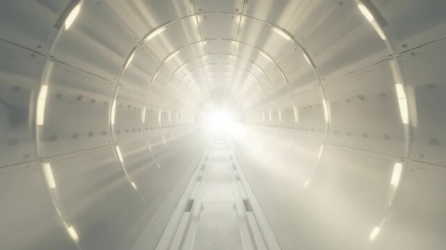 Bright tunnel interior filled with radiant white light and soft atmospheric beams creating a glowing corridor effect with smooth curved structural walls
