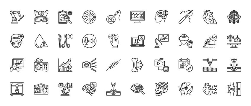 Medical technology line icon set. Vector pictograms of robotic surgery, ai brain, telemedicine, vr glasses, 3d printing, laser, surgeon, thin linear illustration.
