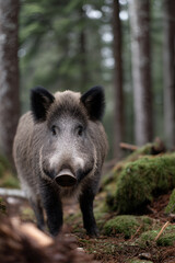 Naklejka premium Wild boar standing in a lush green forest, surrounded by moss-covered ground and tall trees, showcasing the beauty of nature and wildlife in a serene environment