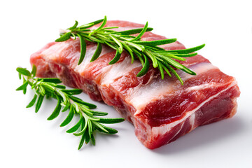 Fresh raw meat cut with sprigs of aromatic rosemary, showcasing vibrant colors and textures, ideal for culinary presentations and food photography concepts