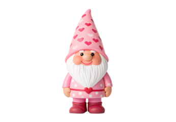 Pink ceramic Valentine gnome with heart-patterned hat and polka dot outfit, isolated on a transparent background