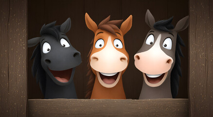 Three cheerful cartoon horses with expressive faces are peeking out from a wooden stable, showcasing their playful personalities and vibrant colors in a whimsical setting