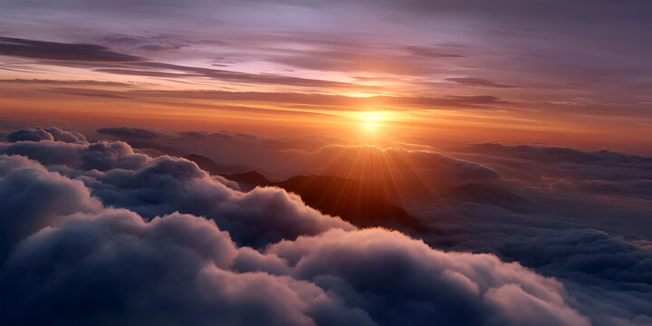 Majestic sunrise over a sea of clouds, with vibrant orange and purple hues illuminating the sky, creating a breathtaking natural landscape at dawn