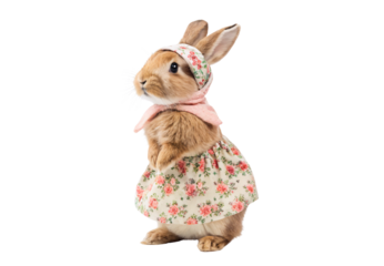 Rabbit wearing pink floral dress costume, isolated on a transparent background