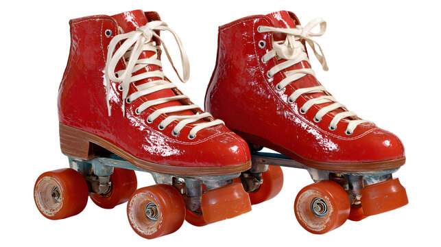 A pair of bright red roller skates with white laces and orange wheels on a transparent background