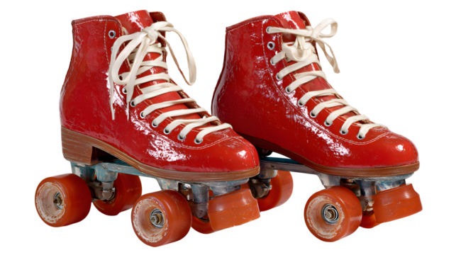 A pair of bright red roller skates with white laces and orange wheels on a transparent background