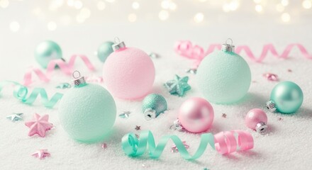 Pastel Christmas Ornaments and Ribbons Festive Holiday Decorations.
