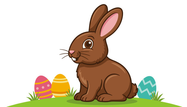 Brown cartoon bunny sitting beside colorful Easter eggs on grass  