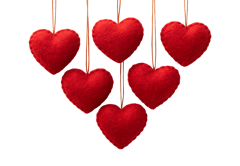 Six red felt hearts hanging on natural twine strings display, isolated on a transparent background