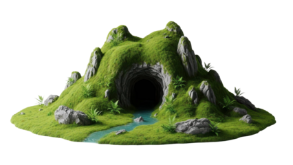 Lush green mountain island with cave and stream