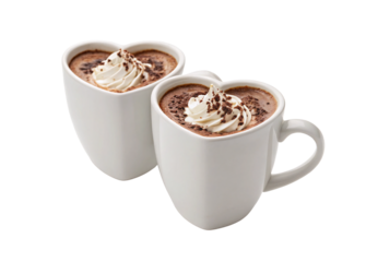 Two heart-shaped white mugs filled with hot chocolate and whipped cream, isolated on a transparent background