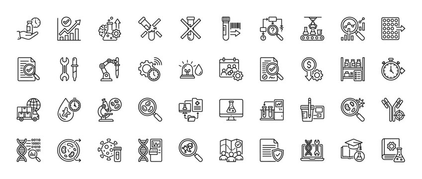 Science and biotechnology line icon set. Vector pictograms of microscope, dna, flask, bacteria, virus, vaccine, robotic arm, lab equipment, thin linear illustration.