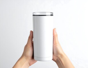 Hands holding a blank white stainless steel tumbler for customization mockup
